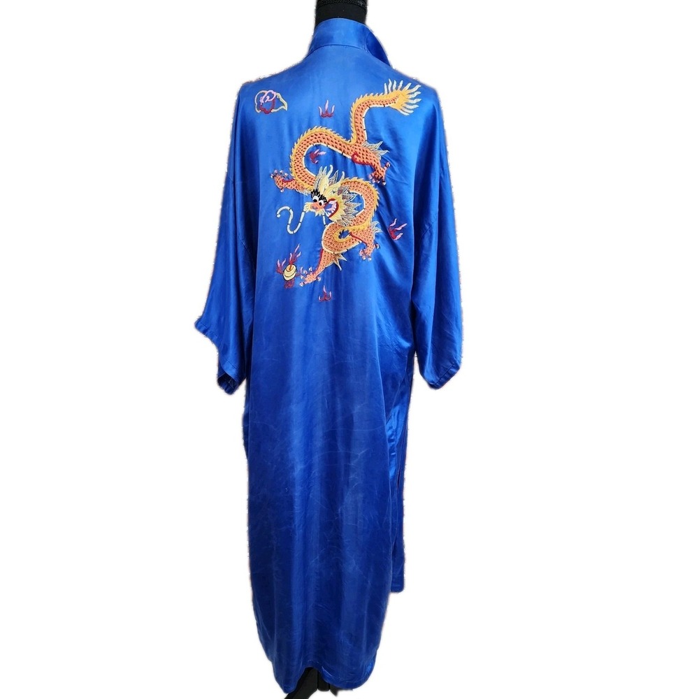 VIntage Silk Dragon Robe Hand Embroidered 100% Silk Blue Kimono No Belt Golden L